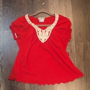 Red Lace Trim Women's Top, cottagecore, sz small